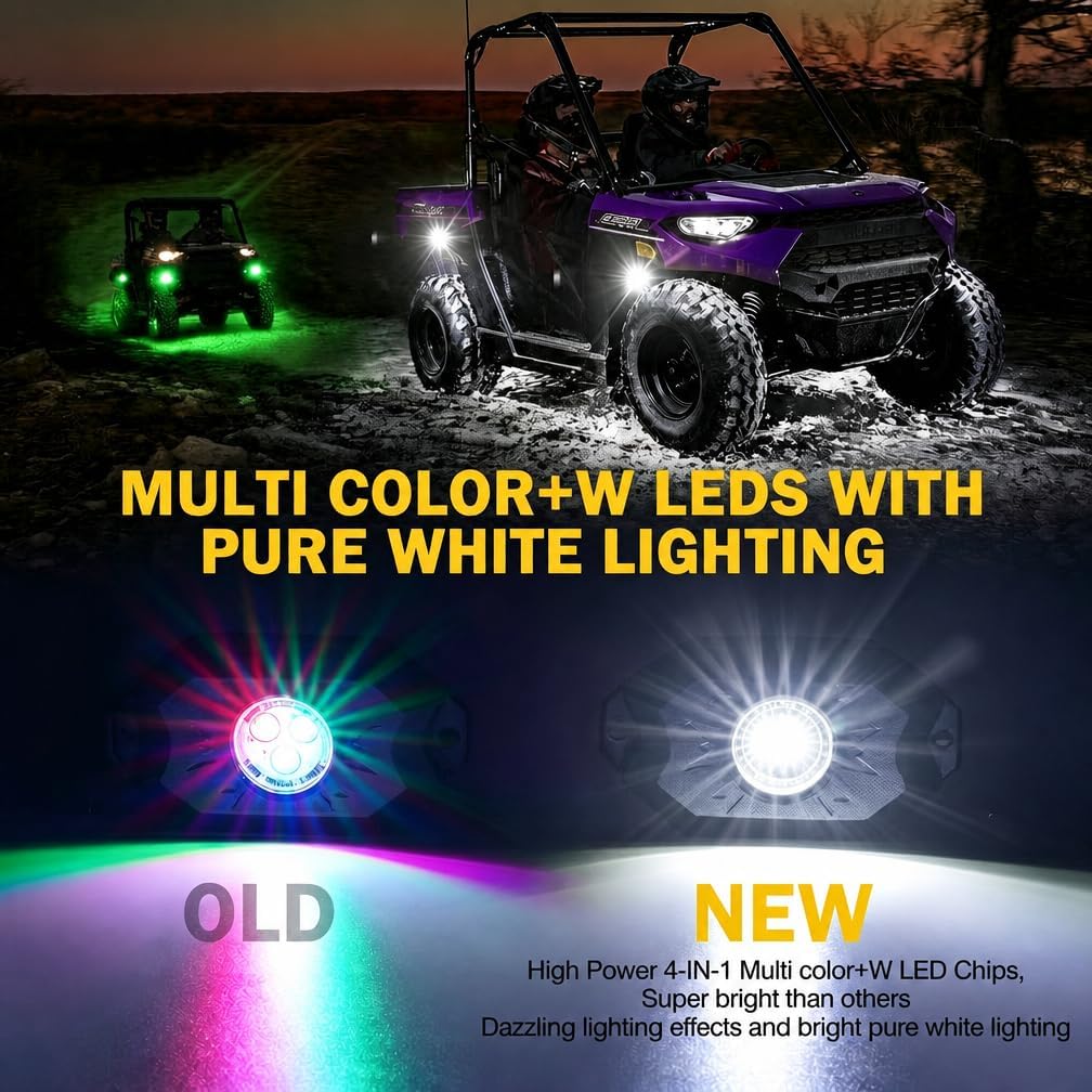 Xprite Colorful LED Rock Lights Kit with Bluetooth & Wireless Remote Controller, Multicolor Cars Underglow, Wheel, Footwell Neon Light Kits, for Off-Road UTV ATV Trucks SUV Motorcycle Boats - 10 Pods