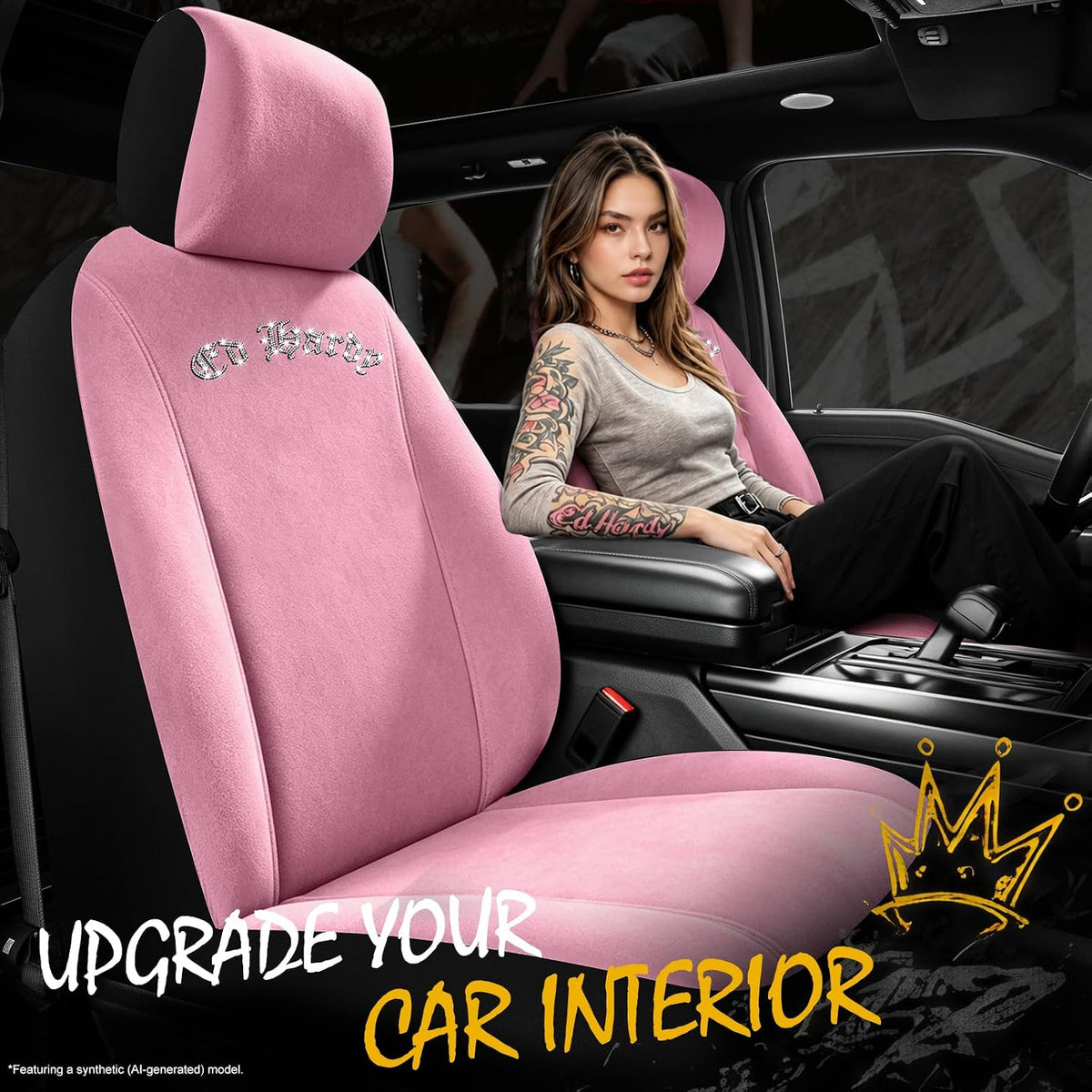 ed hardy car seat covers, pink soft short shown in use