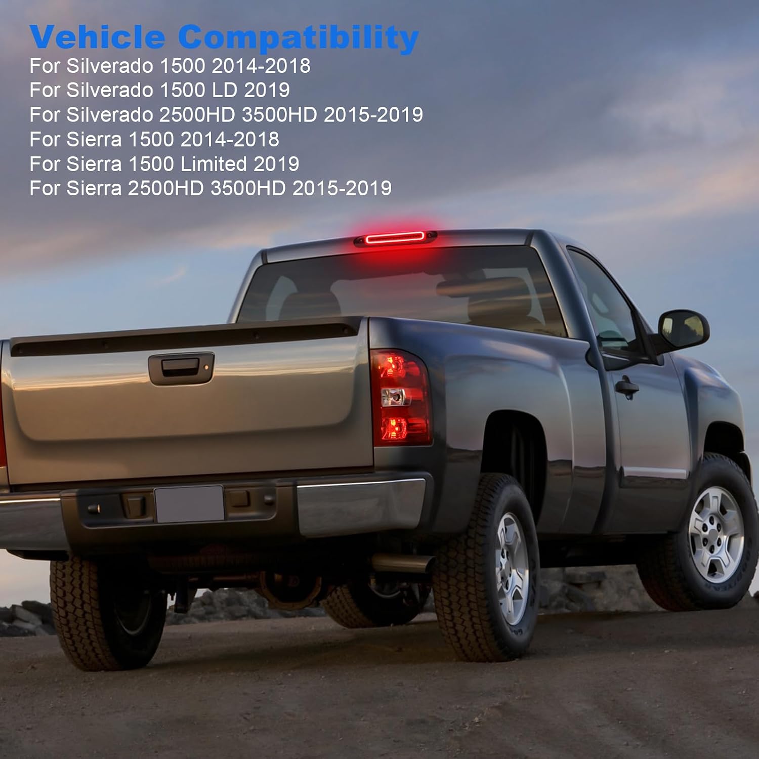 LED Third 3rd Brake Light Replacement for 2014-2019 Silverado Sierra 1500 2500HD 3500HD High Mount F1 Style Strobe Brake Light Smoked Lens