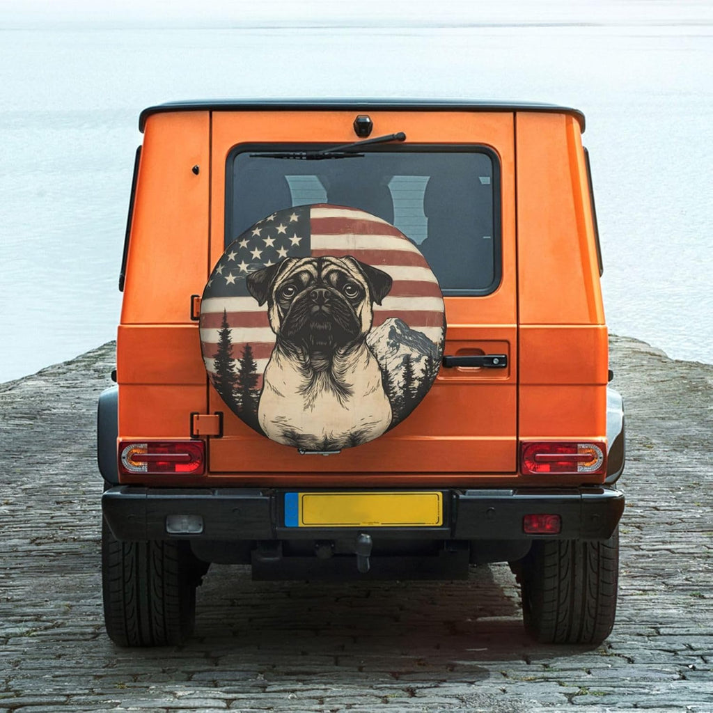 Spare Tire Cover for RV Camper, Pug American Flag Tire Cover Protectors, Weatherproof Universal Wheel Cover for RV Travel Trailer Camper Truck 14in