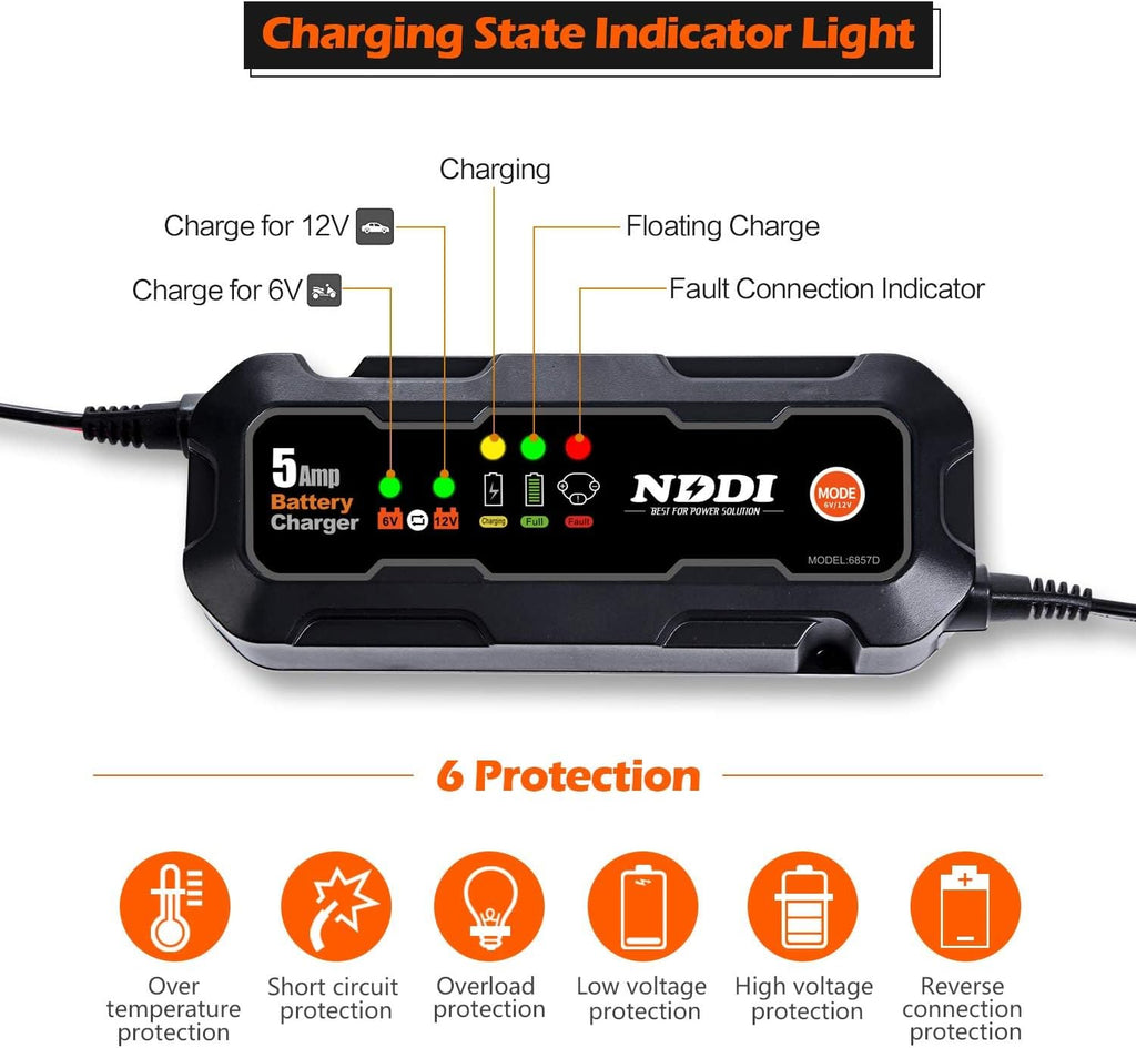 NDDI 5 Amp Battery Charger, 6V/12V Smart Automatic Charger with LED Indicators