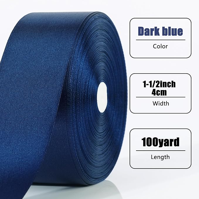 NESCCI 100 Yards Ribbon,1-1/2 Inch Dark Blue Satin Ribbon,Single Face Satin R...