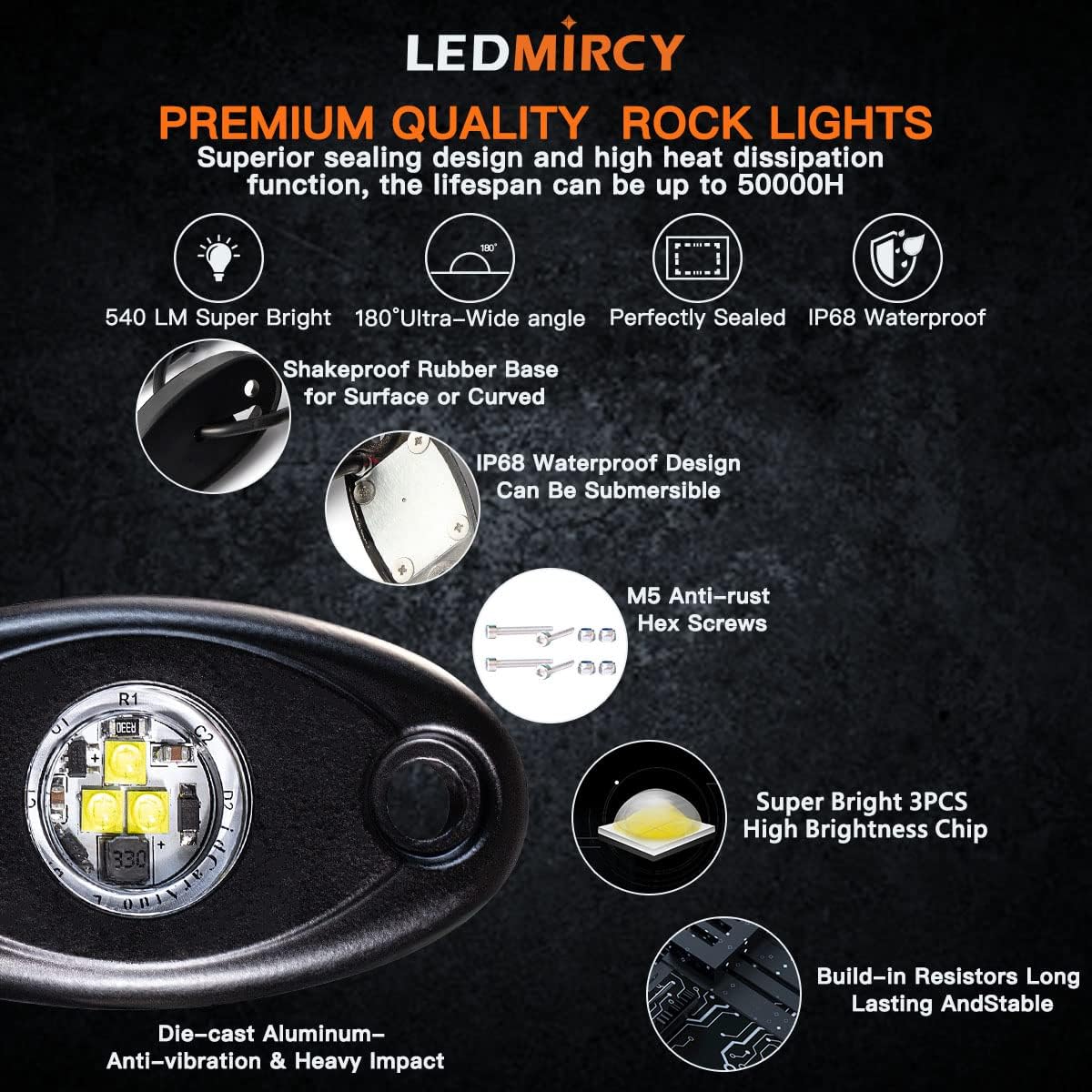 LEDMIRCY Pure White Rock Lights 6PCS R1 Super Bright LED Rock Lights White for Off Road Trucks ATV UTV SUV Underglow Neon Light Underbody Trail TRAI Rig Light High Power Waterproof Shockproof