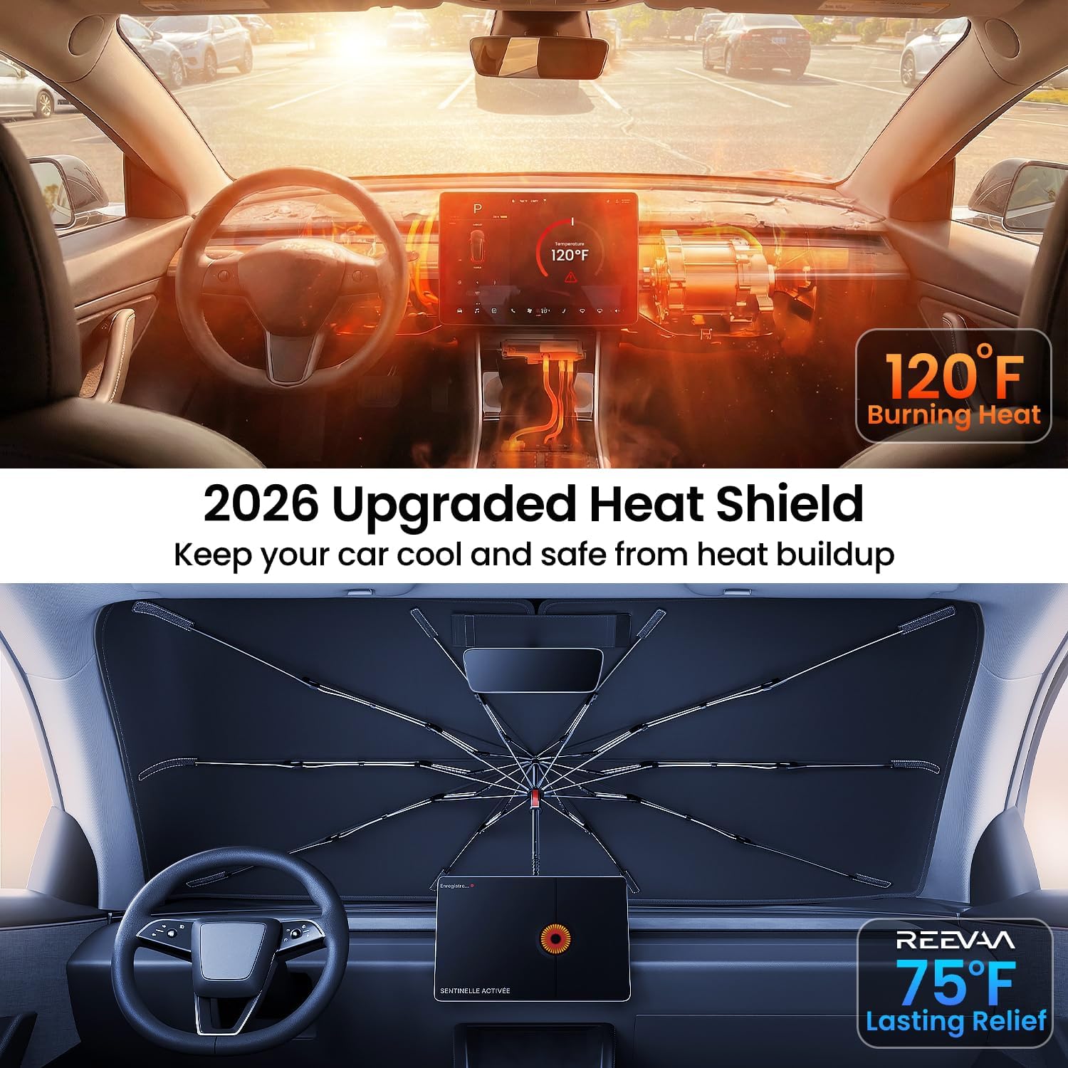 REEVAA 2026 Upgraded Windshield Sun Shade Umbrella [100% Sun Protection & Keep Cool] Protect Interior, 360° Flex Handle Sun Shield Sunshade for SUV & Pickup Truck, M(57" L x 32" W)