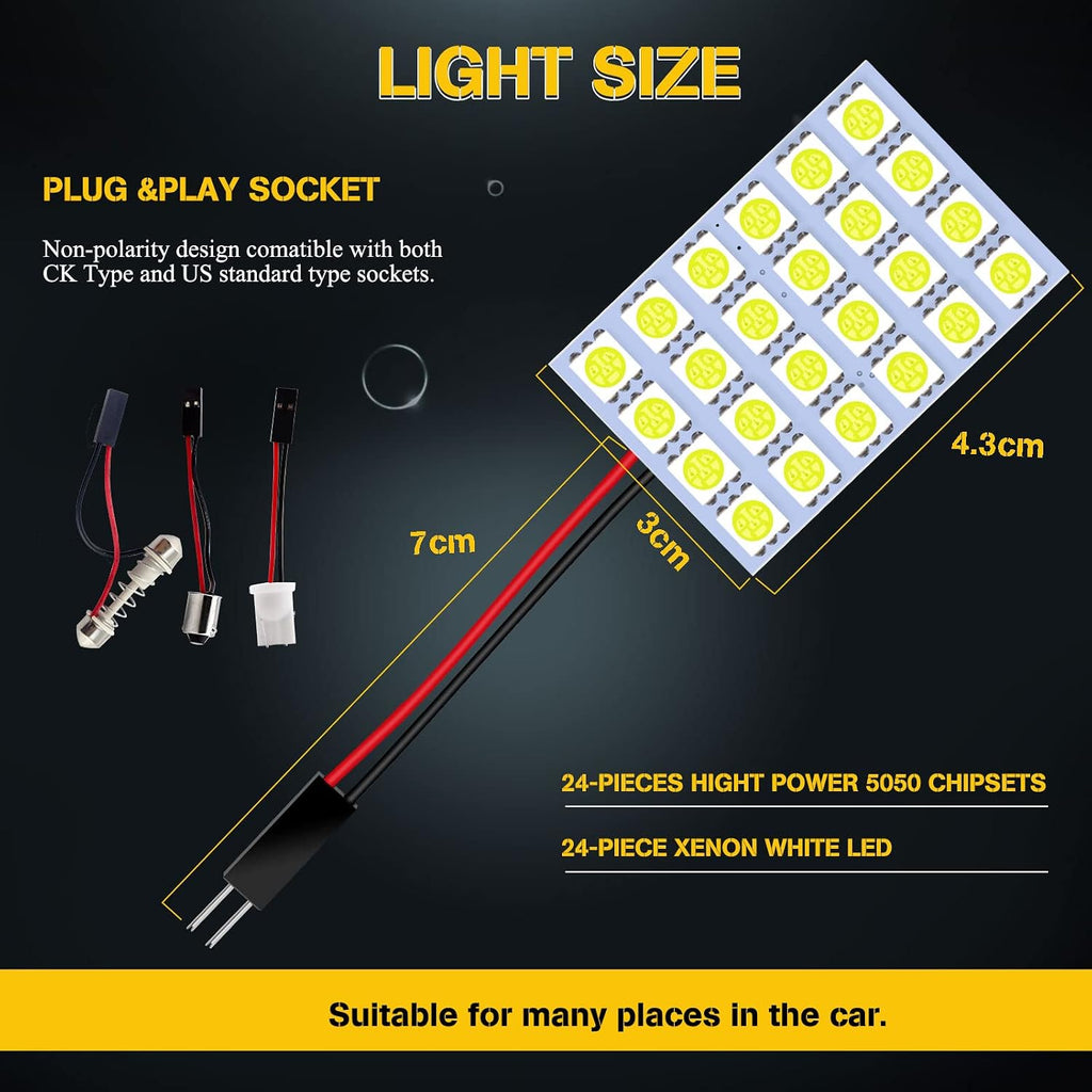 YM E-Bright 5-Pack White 5050 24SMD Led Panel Dome Light Lamp Auto Car Reading Interior Lamp DC 12V With T10 / BA9S / Festoon Adapters
