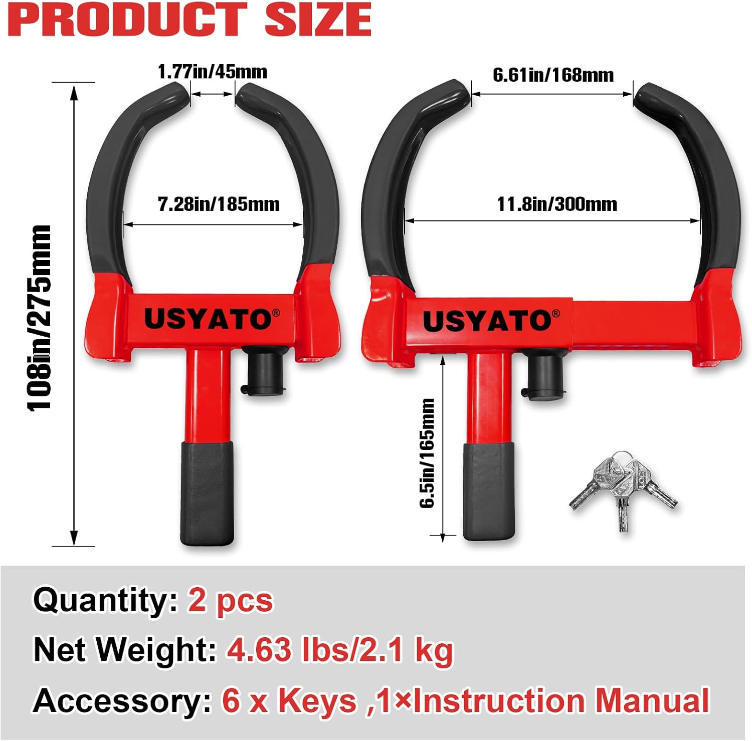 2Pcs Universal Heavy Duty Wheel Lock - Anti Theft Trailer Lock & Car Boot, Adjustable Security Tire 11.4" for Trailers, Cars, Golf Cart, ATV, SUV, RV, Boat, Camper, Motorcycle,6 Keys,Red+Black