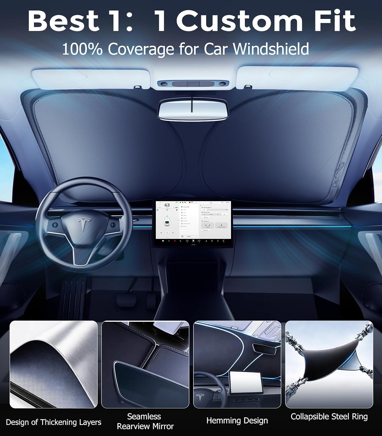 DMJN Front Windshield Sun Shade for Honda Civic (2022-2026), [Nano Ice-Crystal Coatings] UPF50+ Heat & UV Block, Protect Car Interior & Keep Cool, Flodable Steel-Ring Car Cover for Summer