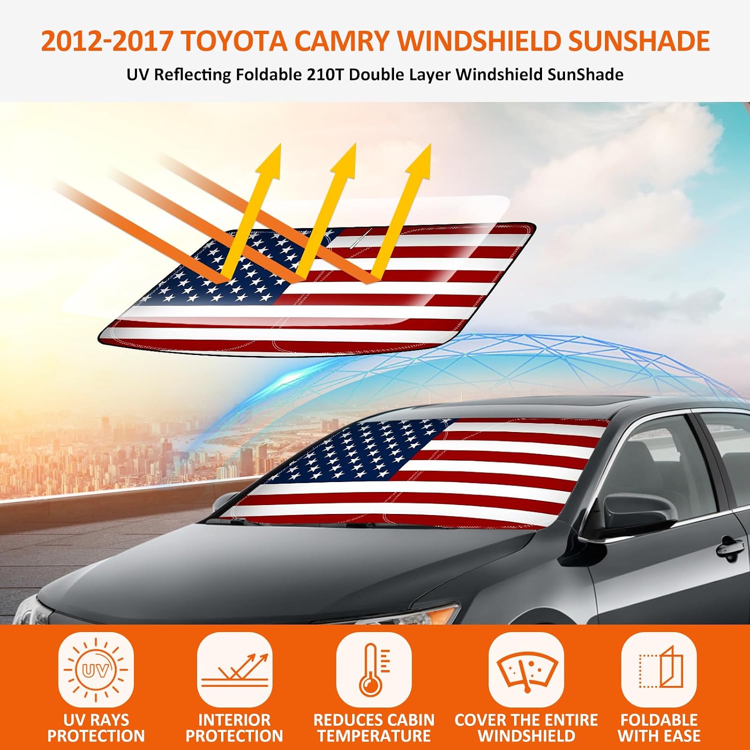 Bestview American Flag Windshield Sunshade for 2012-2017 Toyota Camry,Custom Fit Foldable Front Window Sunshade Sun Visor Accessories Protector Block UV Rays Heat, Keep Your Car Cooler