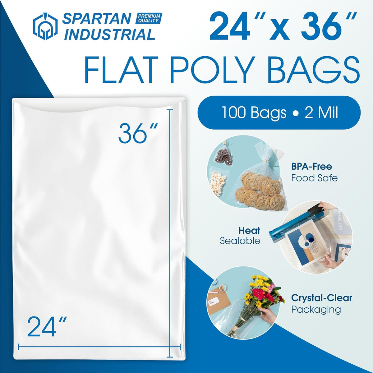 24" x 36" open-end flat poly bags (100 shown in use