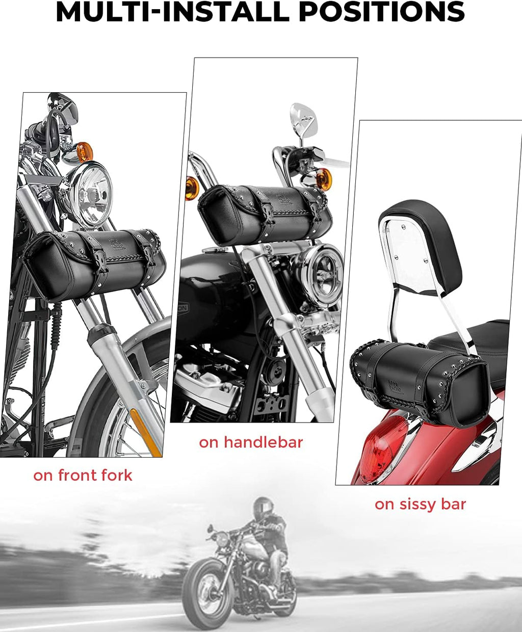 KEMIMOTO Motorcycle Tool Fork Bag PU Leather Universal Saddlebag for Front Fork Handlebar Sissybar Storage Pouch Motorcycle Roll Bag (Black Classic Buckle)
