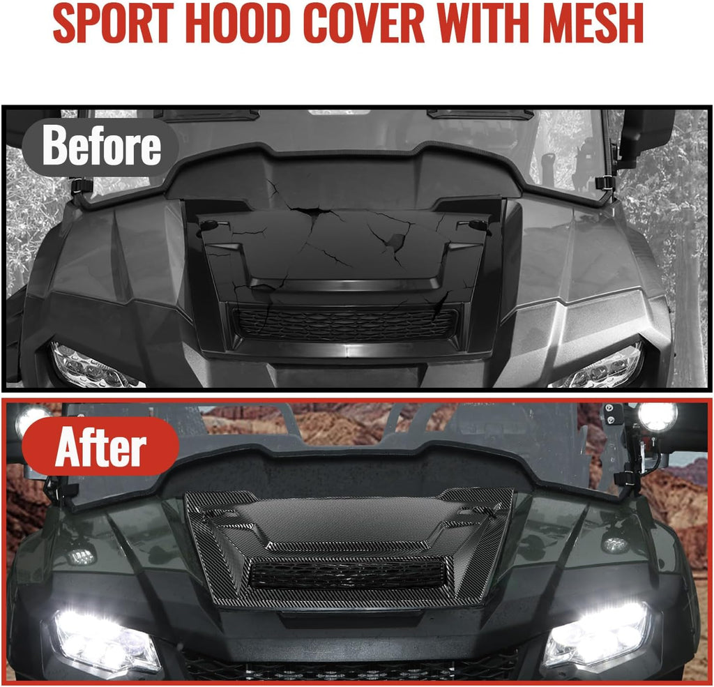 Sport Hood Scoop with Mesh for Honda Pioneer 700 2P 4P 14-25, PP Material Carbon Fiber Pattern Front Hood Cover with Sleek Mesh Ventilation Hood Scoop for Honda Pioneer 700-2 700-4 2014-2025