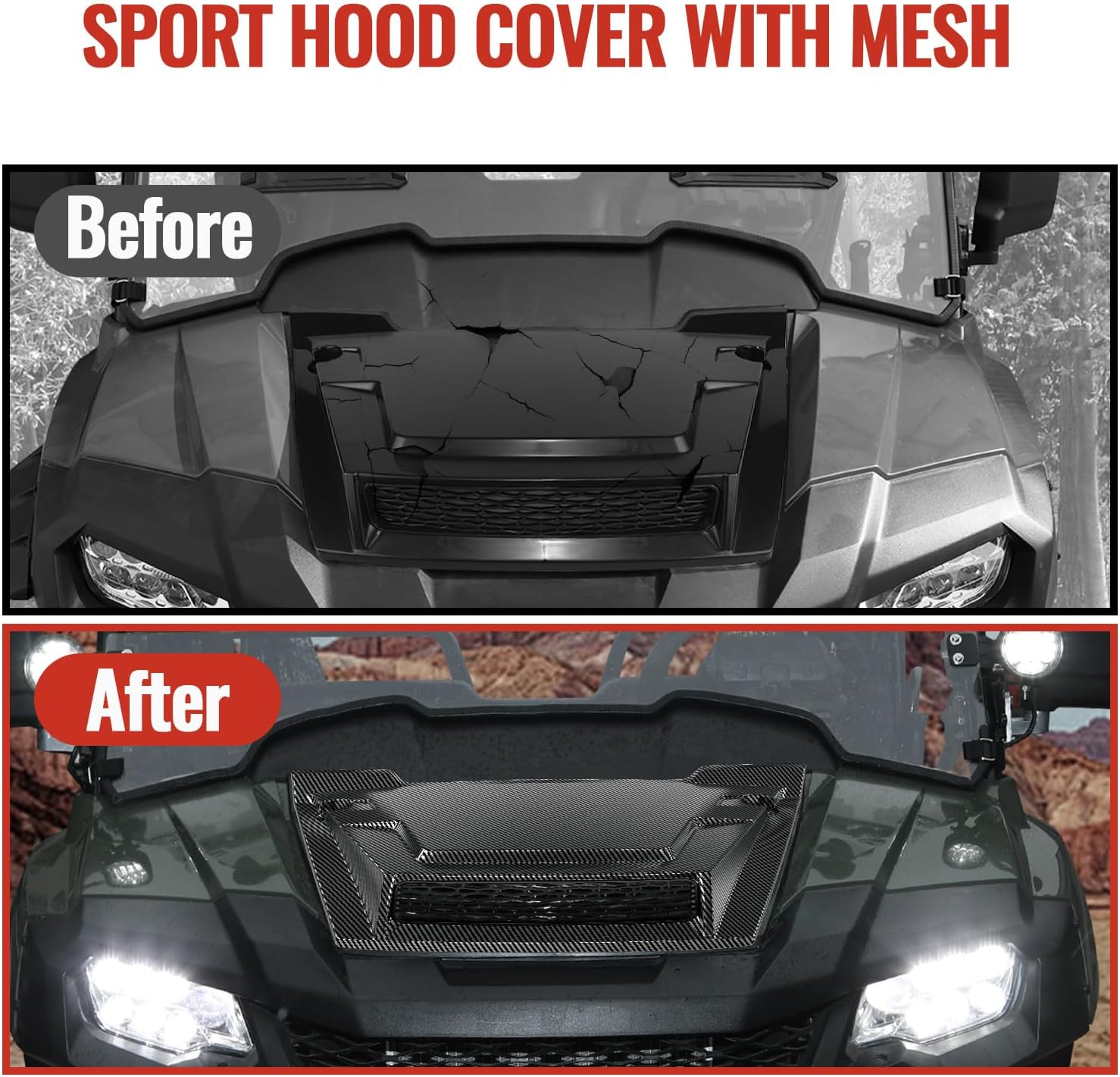 Sport Hood Scoop with Mesh for Honda Pioneer 700 2P 4P 14-25, PP Material Carbon Fiber Pattern Front Hood Cover with Sleek Mesh Ventilation Hood Scoop for Honda Pioneer 700-2 700-4 2014-2025