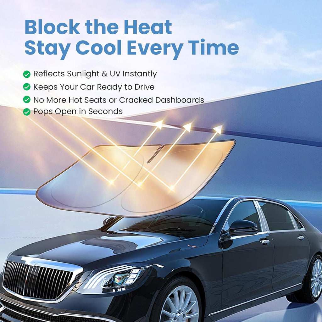 Windshield Sun Shade for Nissan Rogue 2021 2022 2023 2024 2025 2026 – Custom Fit Sun Shield with Mirror Cut‑Out, Blocks Heat & UV, Foldable with Storage Pouch - Nissan Rogue Windshield Sunshade
