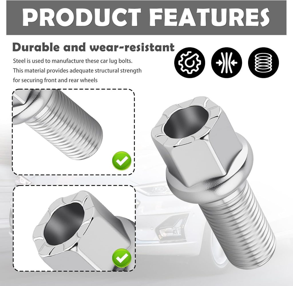 5PCS M14x1.5 Ball Seat Lug Bolts,Heavy Duty Wheel Bolts with 17mm Hex 27mm Shank,OEM#WHT001812 WHT002437 Wheel Studs Compatible with Audi 100 200 & VW Beetle CC