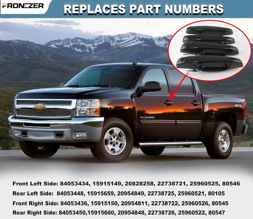 Exterior Door Handle, 4PCS Black Front Rear Driver Passenger Compatible with 2007-2014 Chevy Silverado Suburban Avalanche Tahoe, GMC Sierra Yukon Cadillac Escalade Replace 20828258 22738721