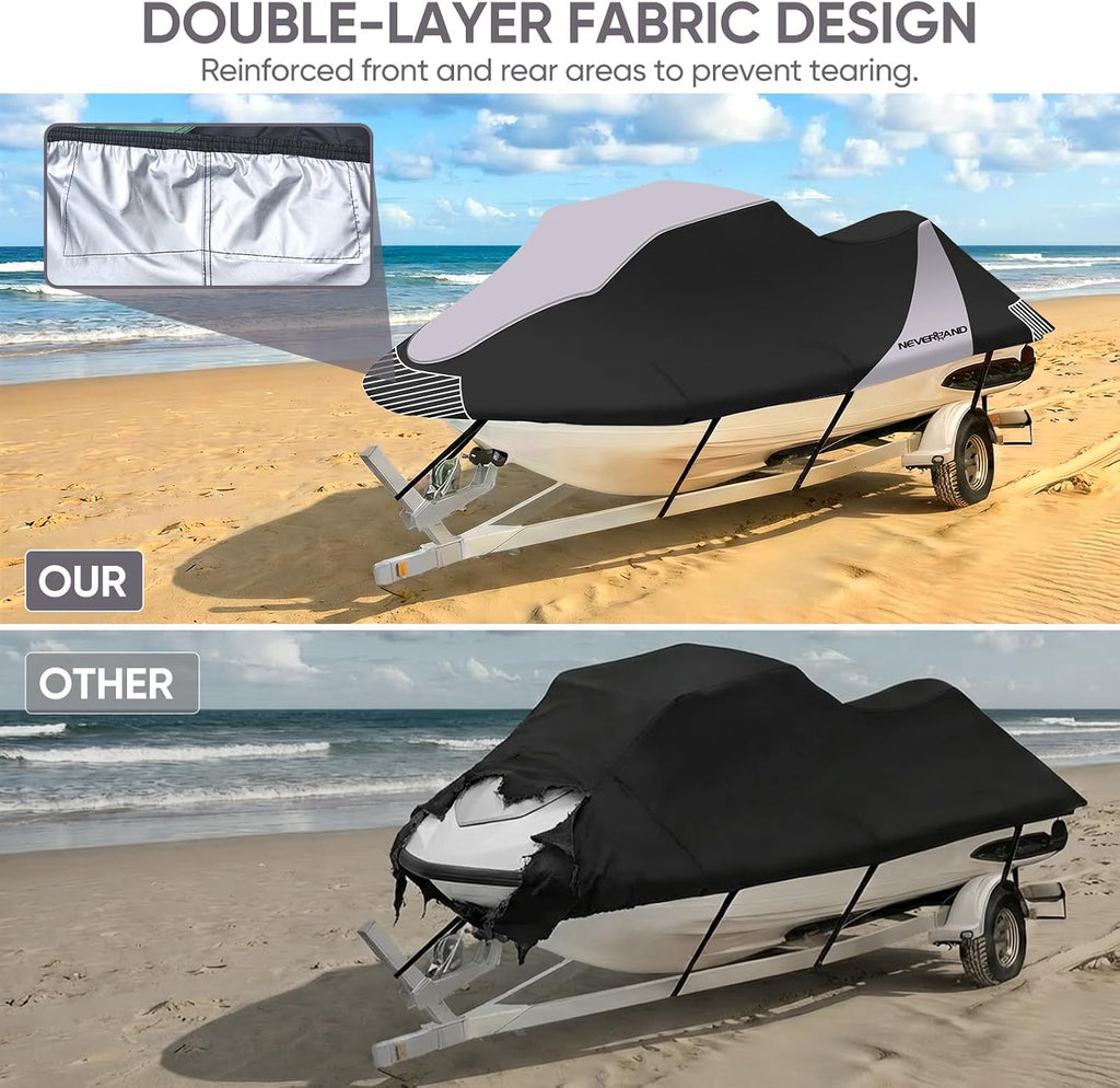 Trailerable Jet Ski Cover Waterproof - 600D Compatible with Yamaha Seadoo, Jetski Covers 2 3 Seater UV Resistant, Heavy Duty Jetski Cover with 2 Air Vents Personal Watercraft Cover 120" to 135"(Grey)