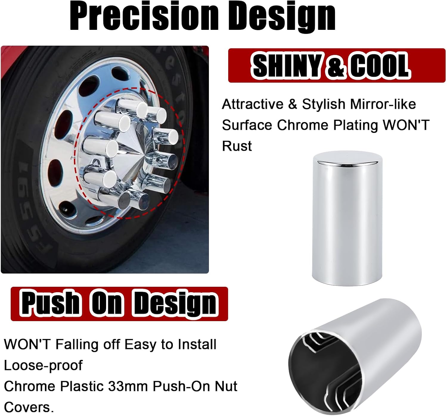 33mm x 3 1/2" Lug Nut Cover ABS Chrome Plastic Cylinder Nut Cover, Push-On fit Hub Piloted Wheels, Complete Axle Cover Kits, Lug Nut Covers for Semi Trucks Trailers, 20 Pack