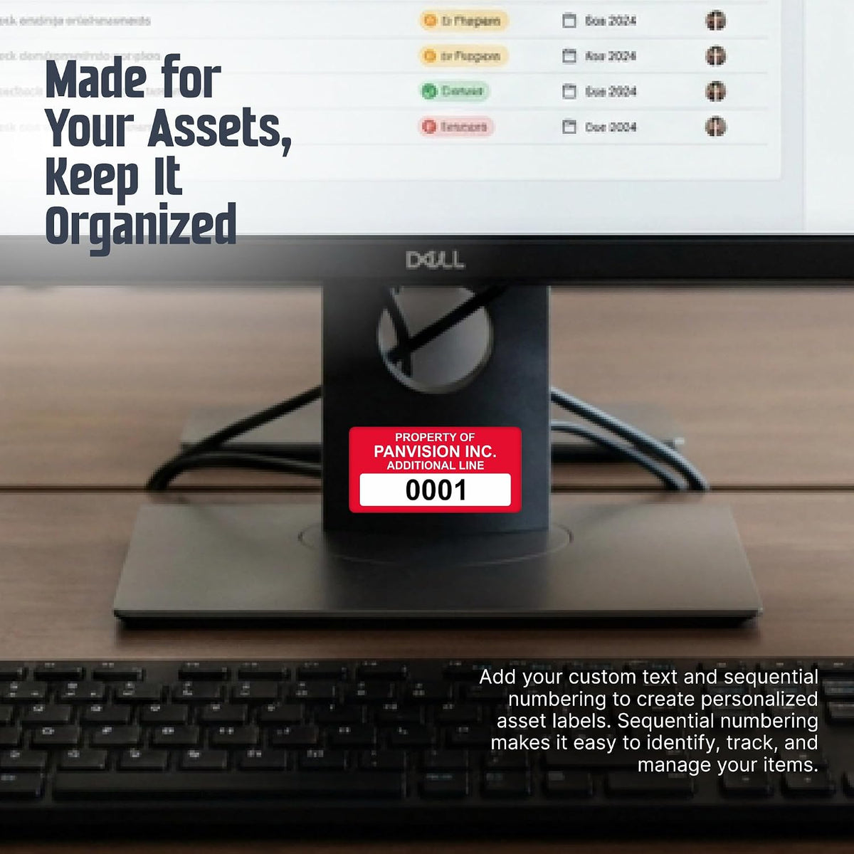 "custom asset labels with sequential numbering" | 0.75" shown in use