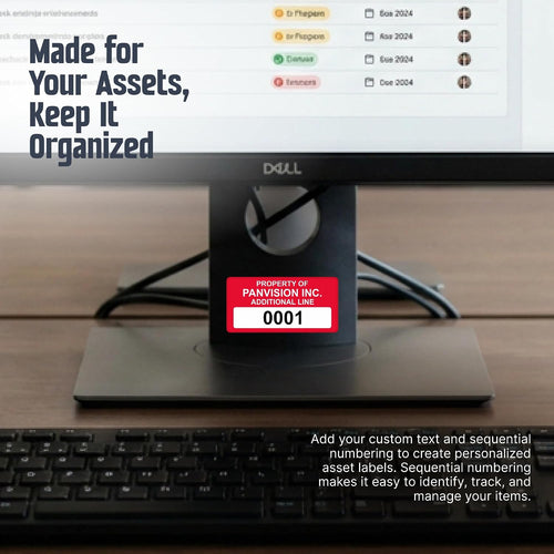 "custom asset labels with sequential numbering" | 0.75" shown in use