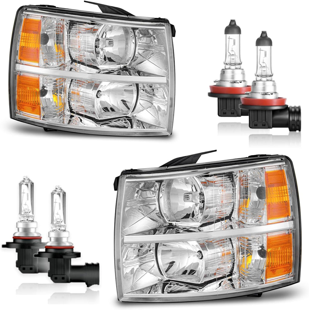 Headlights Assembly for 2007-2013 Chevy Silverado 1500 for 07-14 Silverado 2500HD 3500 Headlamp Replacement Chrome Housing Amber Reflector (turnsignal bulbs not included)