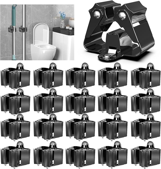 3-H Stainless Steel Broom Holder Wall Mount 20-Pack- Heavy Duty Mop Organizer by 3-H