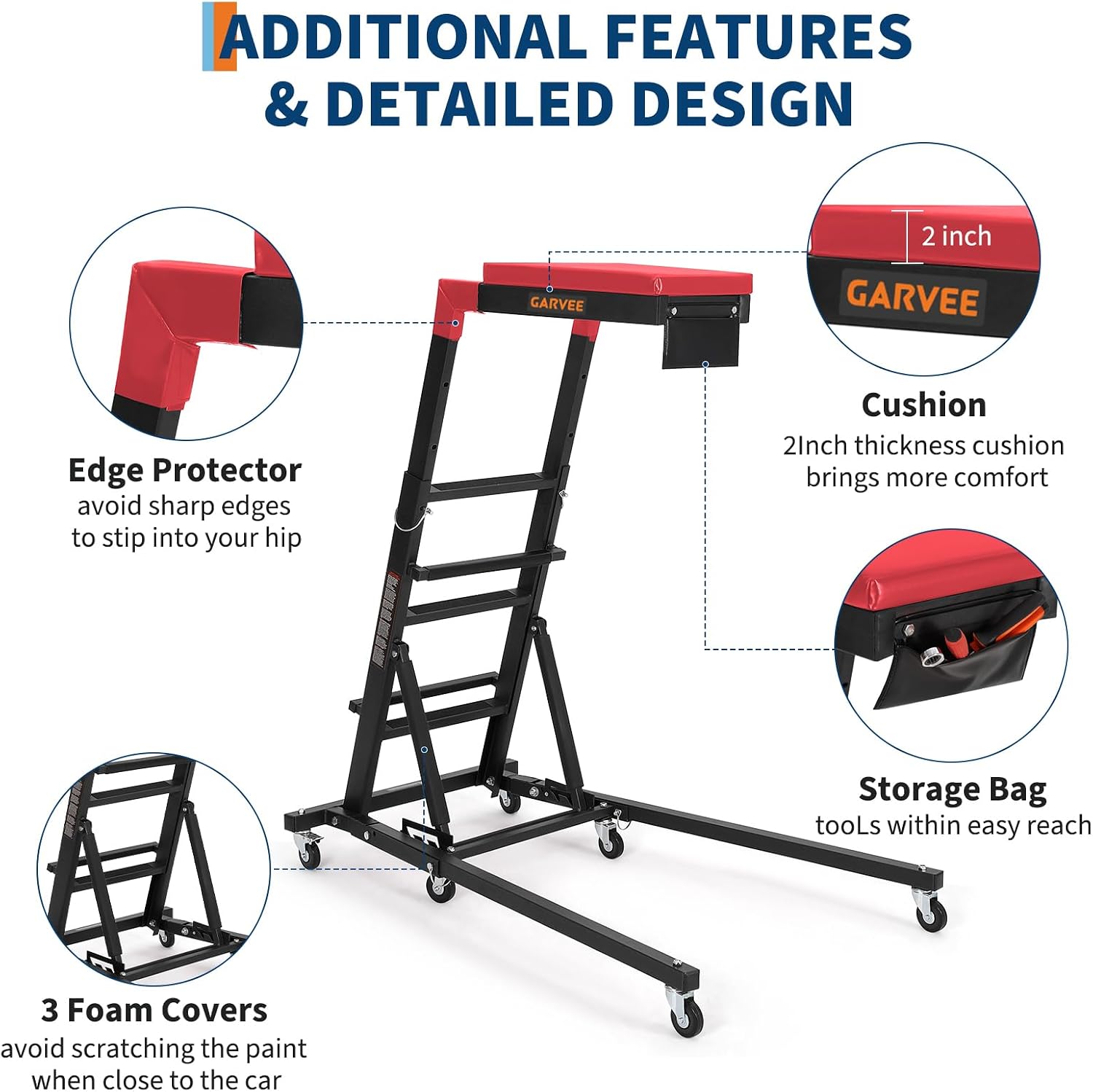 Garvee Top Side Creeper, 48 in-68 in Adjustable Height, 400 LBS Capacity, High Top Automotive Creeper with 6 Swivel Caster Wheels, Heavy Duty Foldable Creeper for Garage Shop, Black