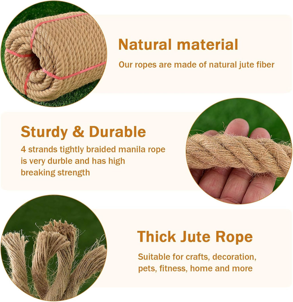 Thick Twisted Manila Ropes 3/4inchx50ft Natural Jute Rope Heavy Duty Hemp Rope for Swing Bed, Crafts, Railing, Tug of War, Landscaping, Gardening, Bundling, Hammock, Home Decorating