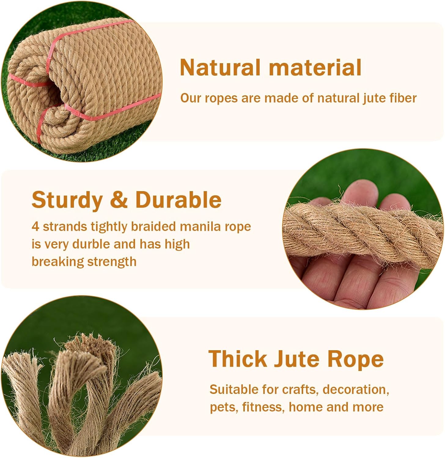 Thick Twisted Manila Ropes 3/4inchx50ft Natural Jute Rope Heavy Duty Hemp Rope for Swing Bed, Crafts, Railing, Tug of War, Landscaping, Gardening, Bundling, Hammock, Home Decorating