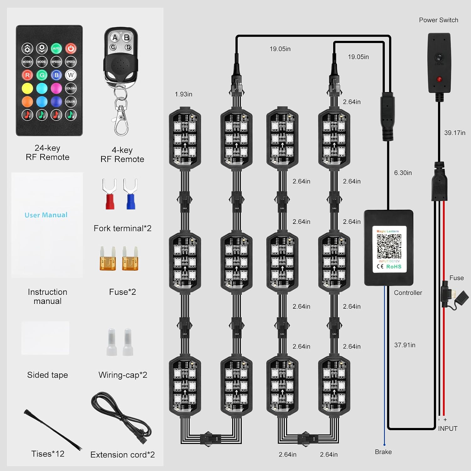 Motorcycle LED Underglow Kit, ICICAR 12 Pcs APP Control RGB Chasing Mode 16 Million Color Dual Remote Music Mode IP68 Waterproof Led Lights, Motorcycle Lights with Power Switch