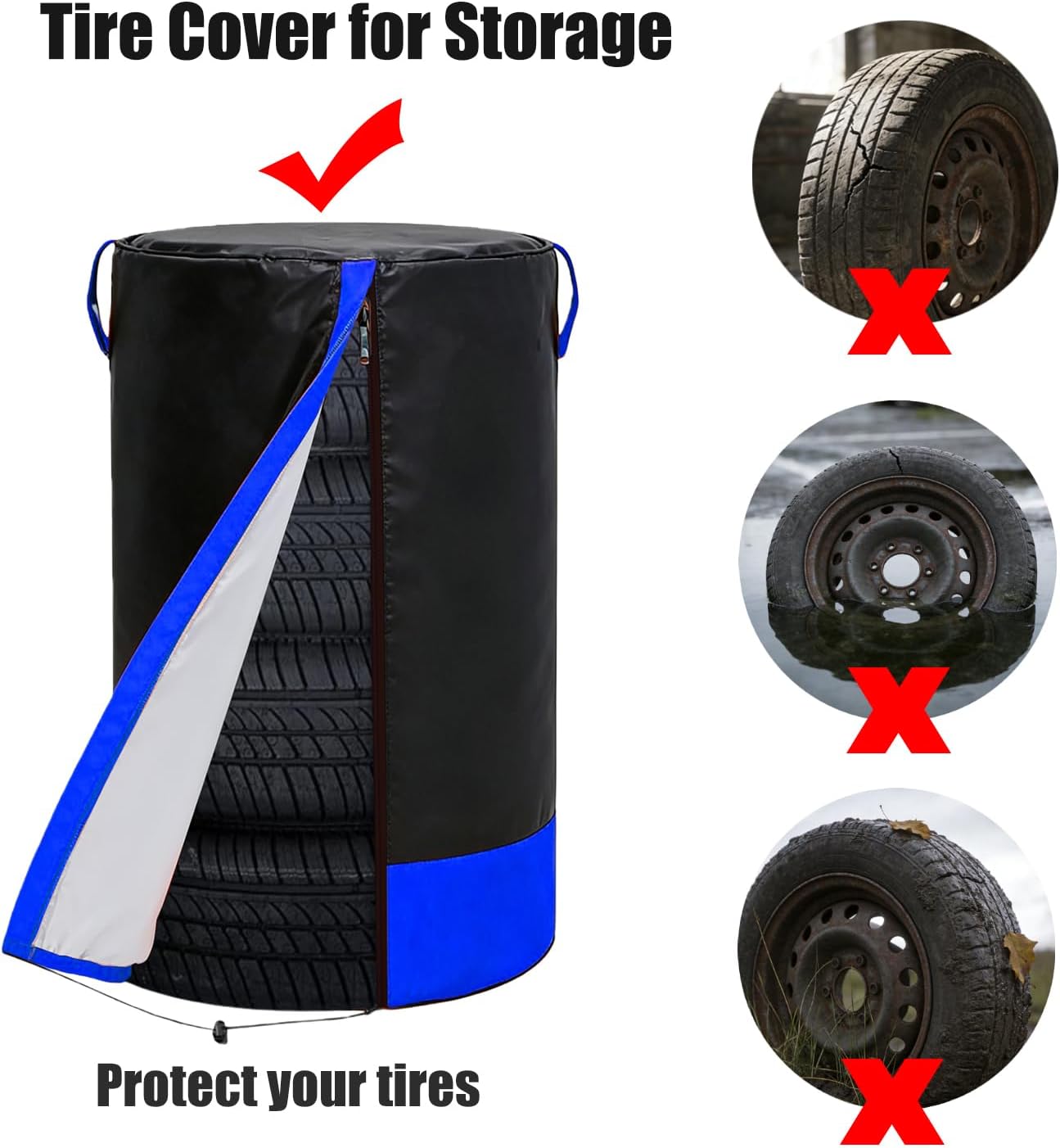 Waterproof Tire Storage Cover – Dust-Proof, Universal Tire Stack Cover for Up to 35" Diameter Tires | Black/Blue Two-Tone Design