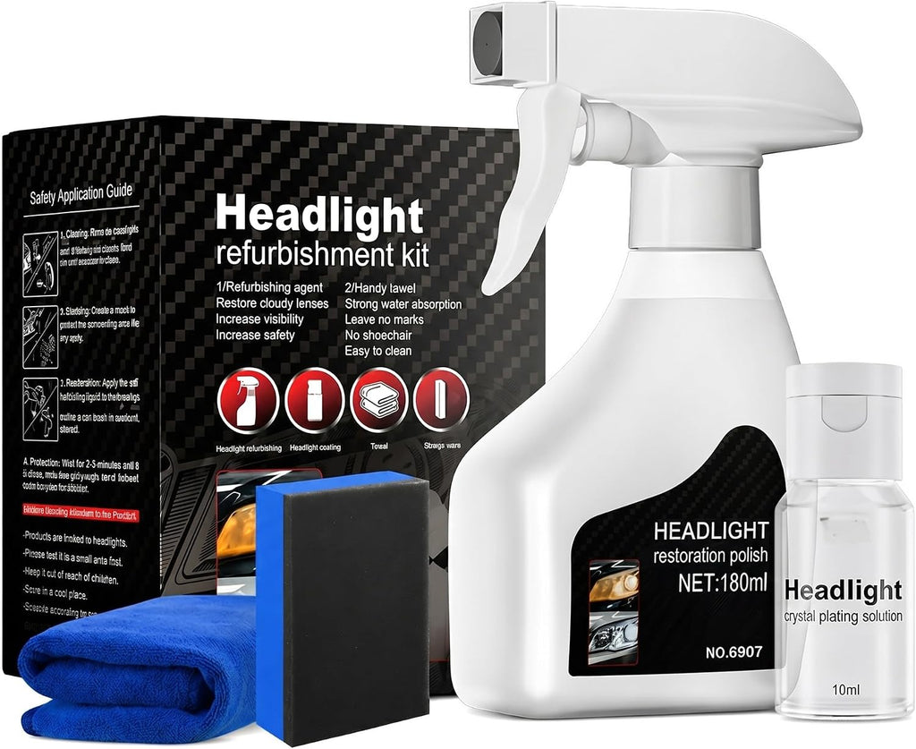 Headlight Restoration Kit for Cars, Headlight Repair Kit 180mL + 10mL, Headlight Cleaner and Restorer for Cloudy, Yellowed and Oxidized Lenses, Car Headlight Lens Cleaner 1 Pack