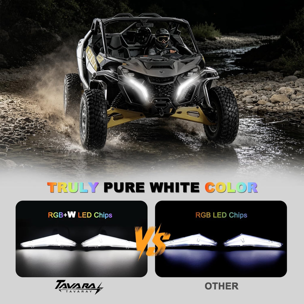 Tavaray RGBW LED Fang Lights for Can-Am Maverick R 2024-2026 MAX X RS, Pure White DRL & RGB Color Chasing Front Signature Lights, APP & Remote Control, Music Sync Turn Signal Kit