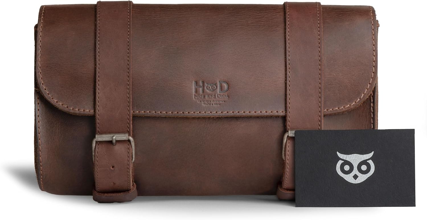 Hide & Drink, Motorcycle Handlebar Bag with 2 Adjustable Straps, Tool Organizer, Motorbike Pouch, Saddle Bag for Bike Commuters, Barrel, Full Grain Leather, Handmade, Bourbon Brown