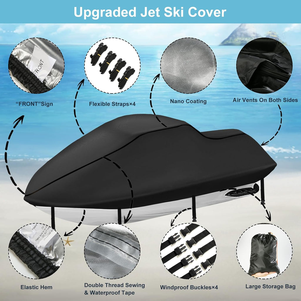 Jet Ski Cover Waterproof,Upgraded Heavy Duty 420D Jet ski Covers with 2 Air Vent Marine Grade UV Resistant (121" to 135" Black)