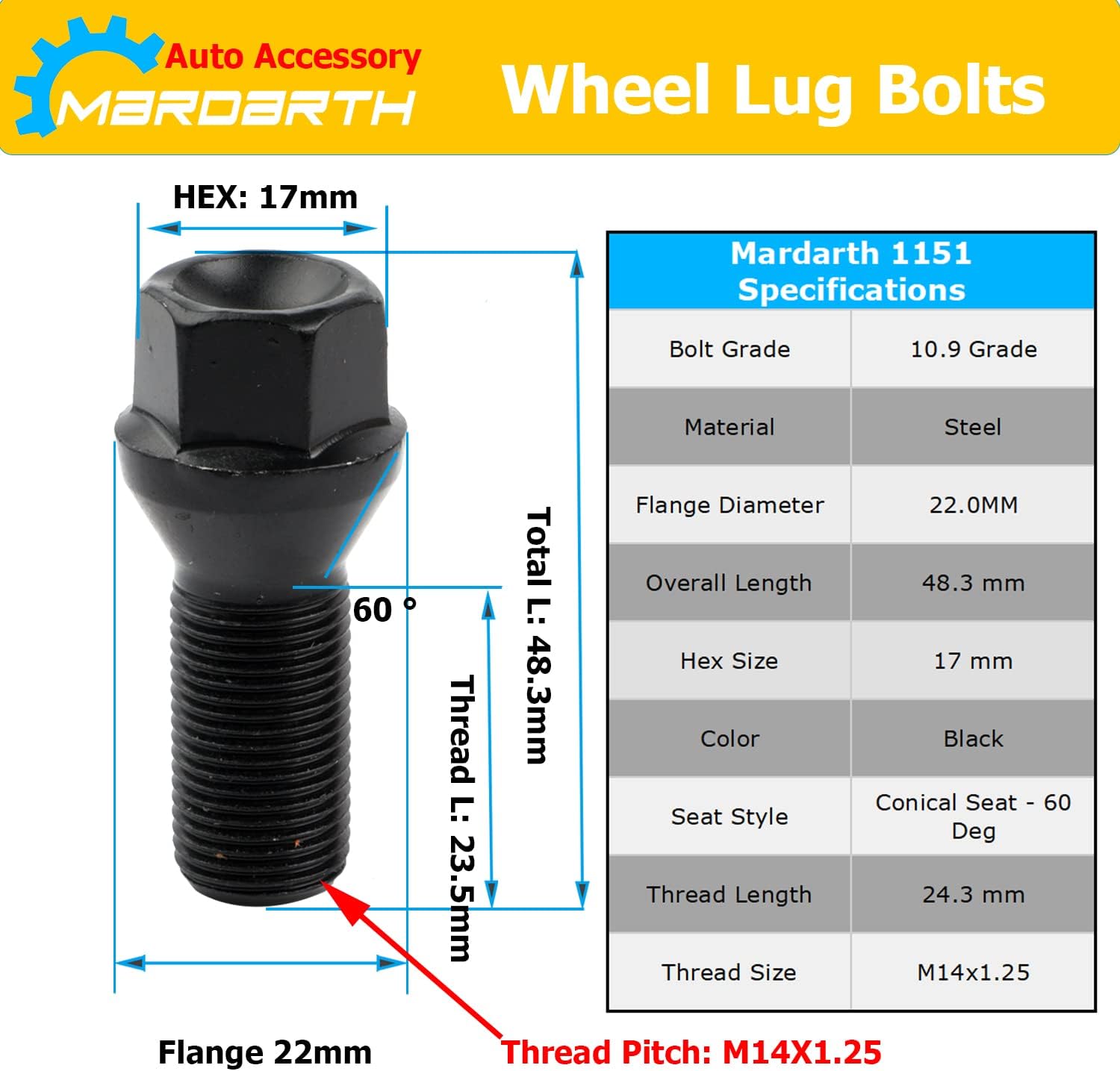 14mm x 1.25 Wheel Lug Bolts OE Factory Lug Studs 36136781151 Compatible with F30 F35 F10 F25 X3 E70 X5, Pack of 5