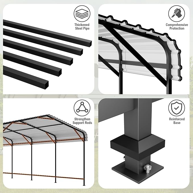 EBE 13' x 25' Metal Carport, Outdoor Steel Carport Canopy - Image 3