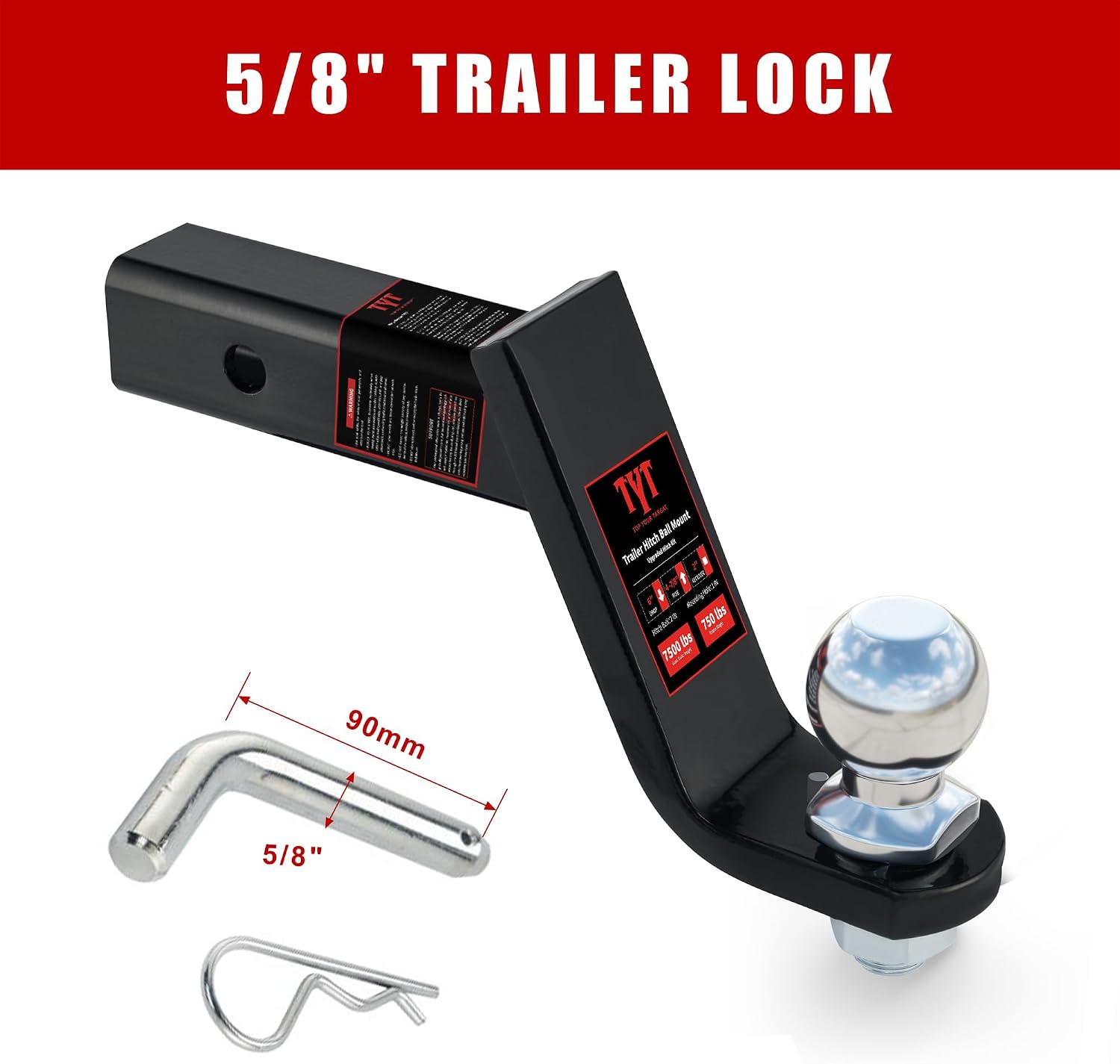TYT Trailer Hitch Ball Mount Kit, 4-Inch Drop, Fits 2-Inch Receiver, 2-Inch Trailer Ball with 5/8" Hitch Pin Clip, Rated 7,500 lbs GTW / 750 lbs TW