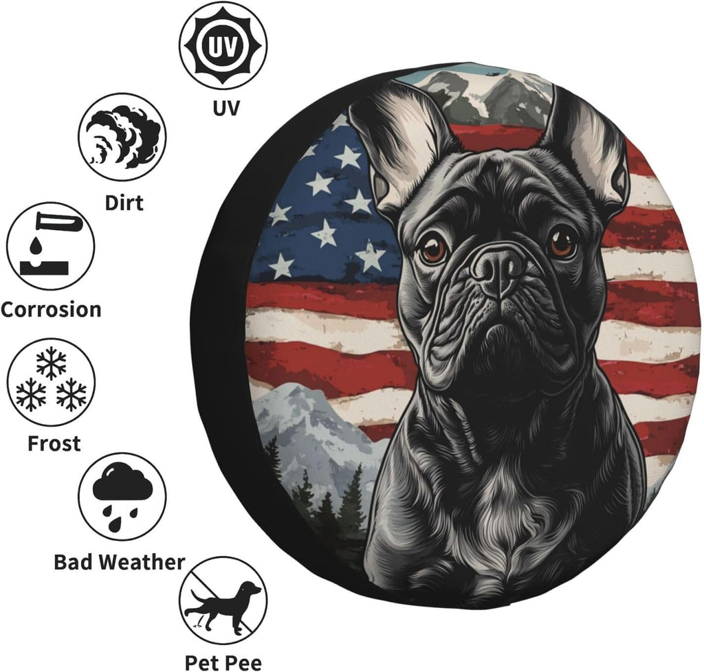 Spare Tire Cover for RV Camper, French Bulldog American Flag Tire Cover Protectors, Weatherproof Universal Wheel Cover for RV Travel Trailer Camper Truck 16in