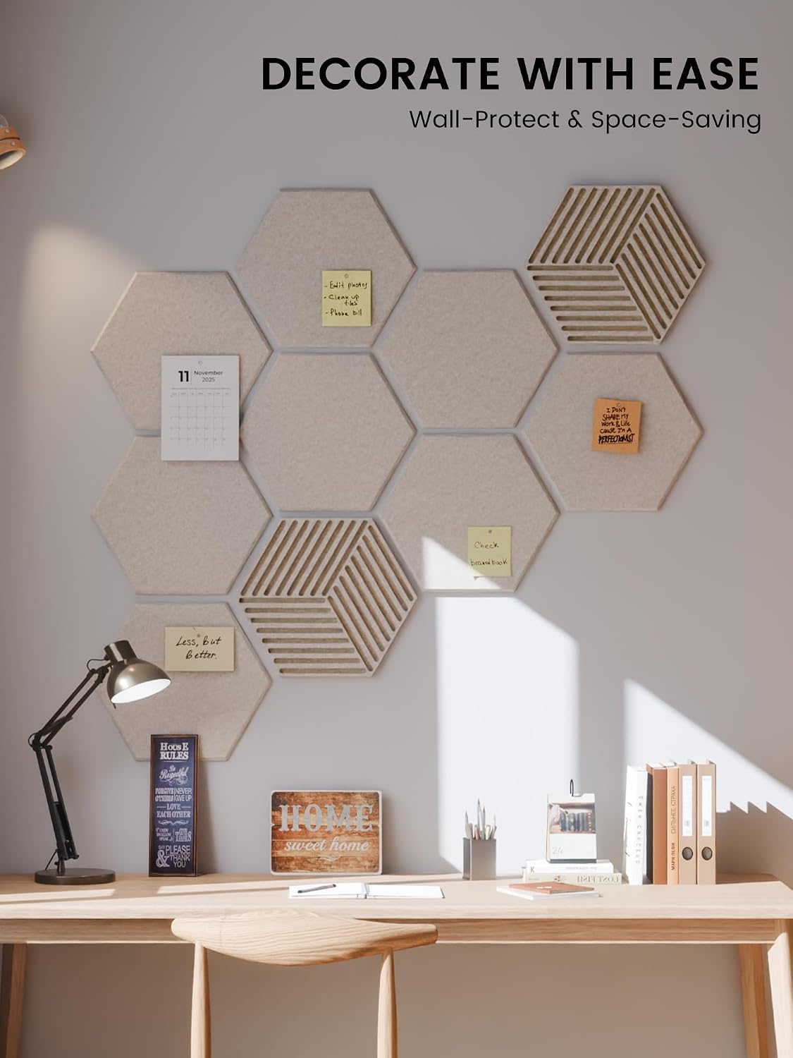 fluxynara 10-pack hexagon felt bulletin board tiles, oatmeal, package contents