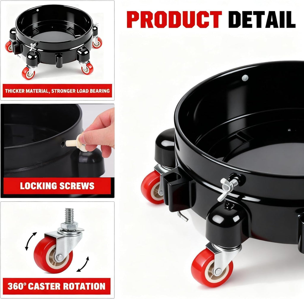 2 Pcs 5 Gallon Bucket Dolly, 11 Inch, Black Set | 1 Car Washing Glove, 5 Heavy Duty Wheel Casters, 360° Rolling, Connectable & Locking, For Car Wash, Garden & Garage