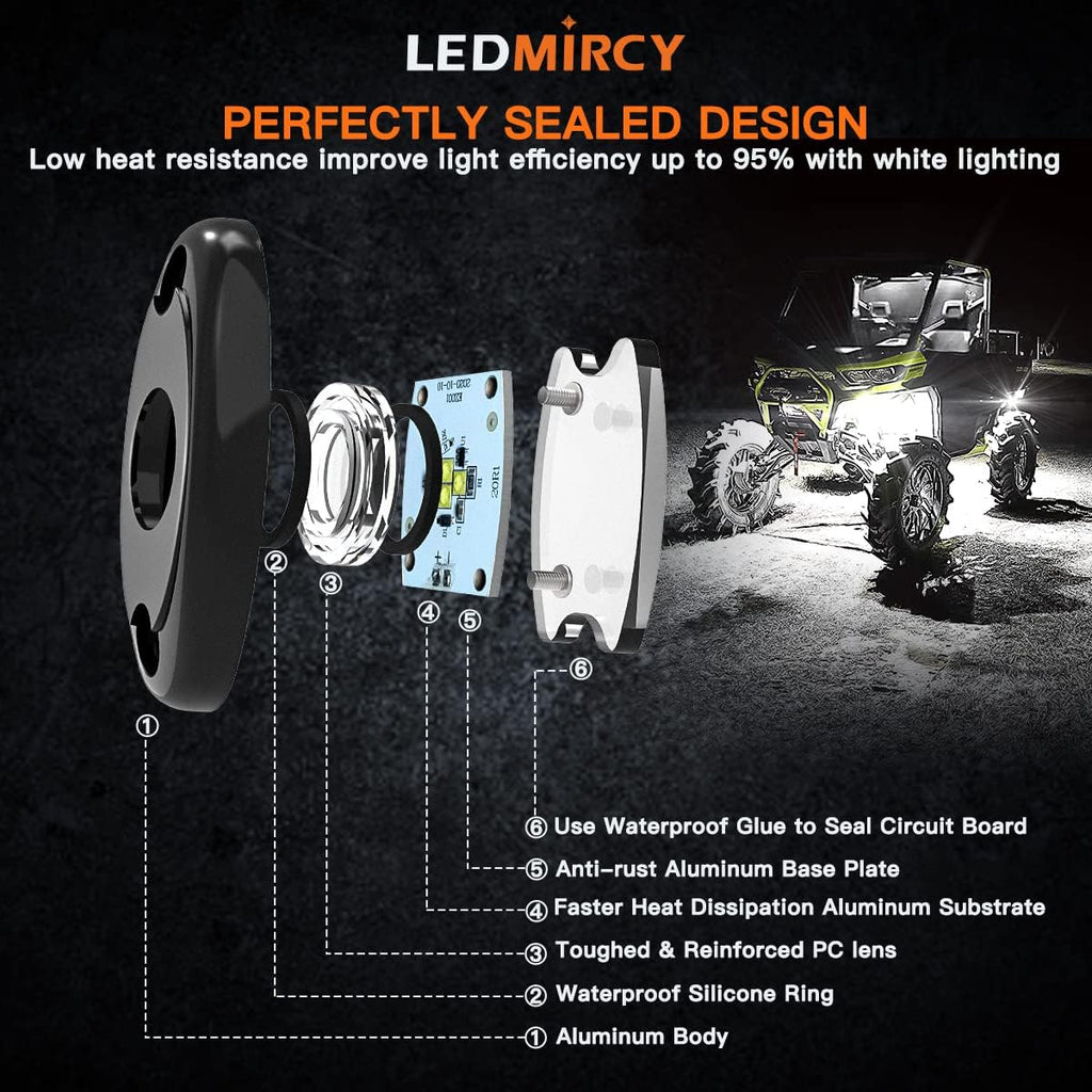 LEDMIRCY Pure White Rock Lights 6PCS R1 Super Bright LED Rock Lights White for Off Road Trucks ATV UTV SUV Underglow Neon Light Underbody Trail TRAI Rig Light High Power Waterproof Shockproof