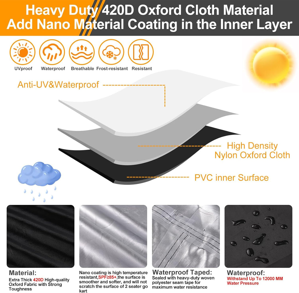 Large Go Kart Covers Waterproof,Heavy Duty 420D 2 Seater Go Kart Cover,Go Kart Accessories with Air Vent,4 Reflective Handles,2 Windproof Buckles,for Most 2-Seater Go-Kart Models