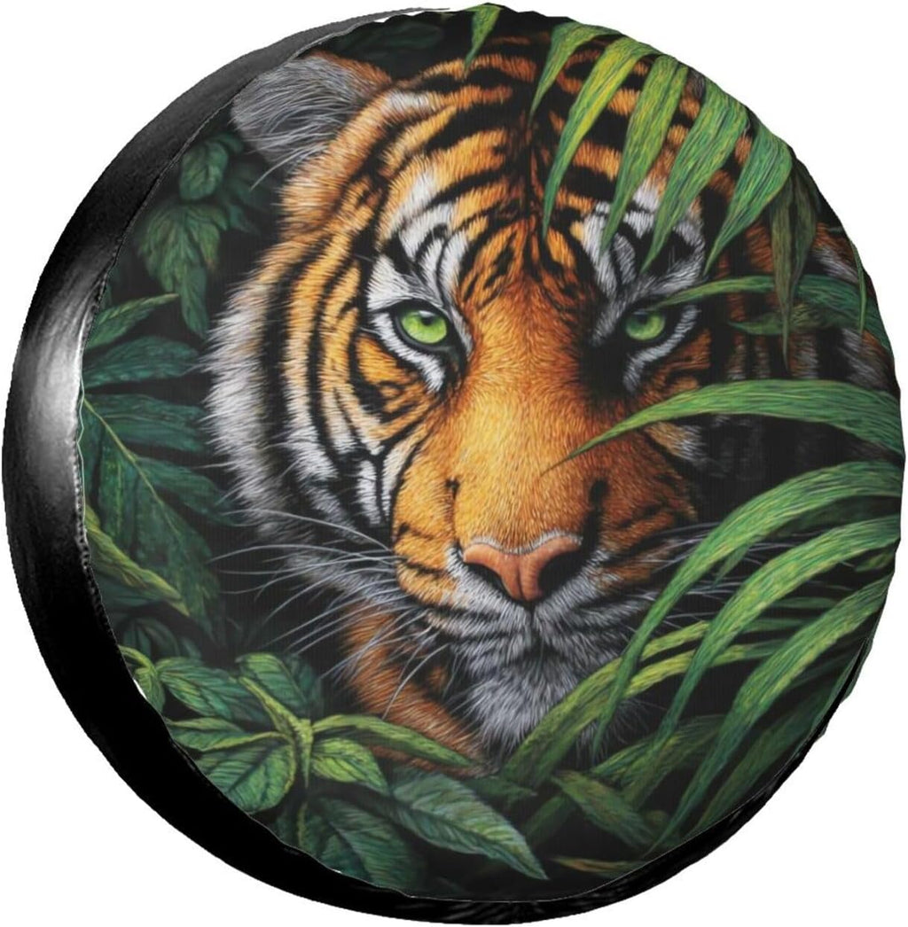 Jungle Tiger Oil Painting Spare Tire Cover, Funny Animal Waterproof Wheel Protector Covers Universal for Rv Suvs Trucks Camper Travel Trailers, 15 inch