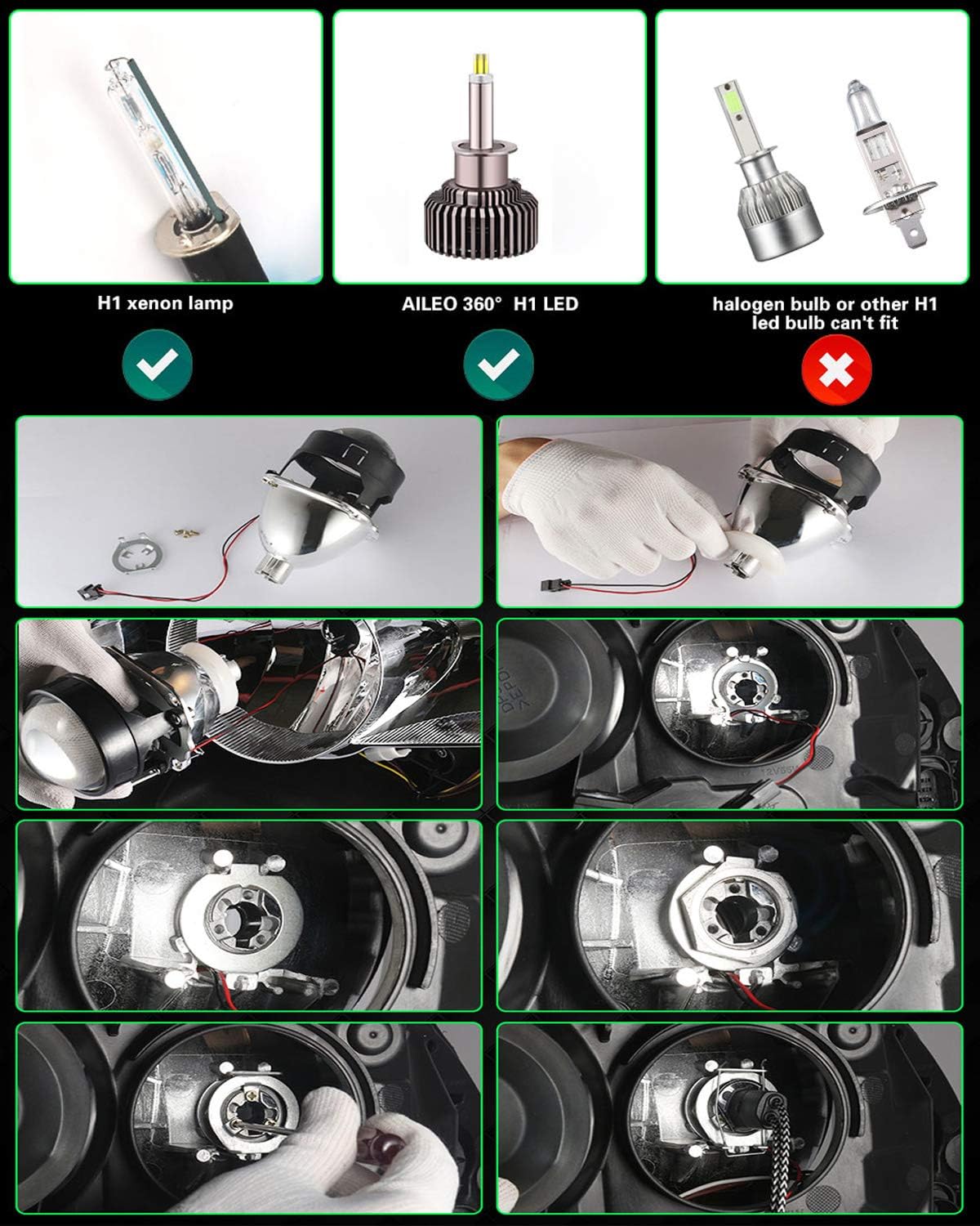 2.5 inch Bi-Xenon HID Projector Lens H4 H7 H11 Car Retrofit Styling Use H1 light Universal (Black Shroud with White Angel Eyes)