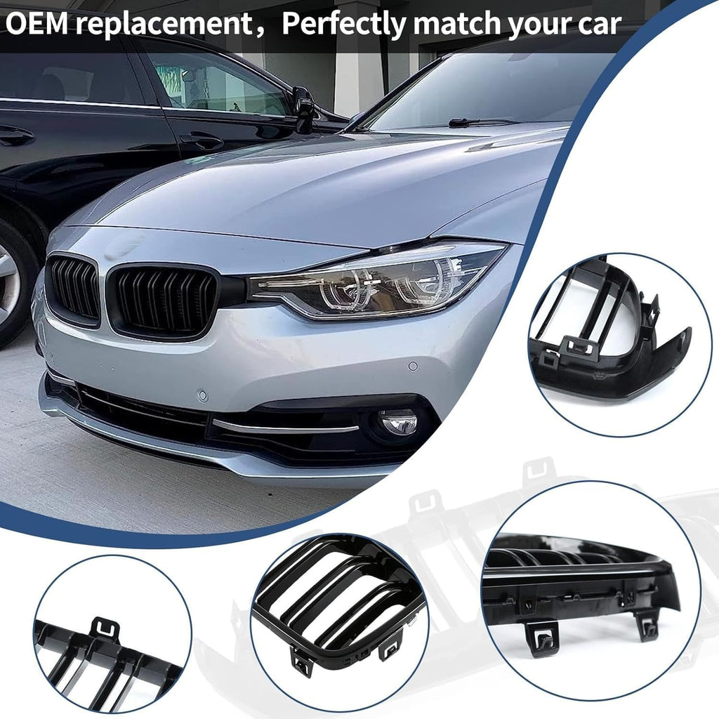 F30 Grill - Front Kidney Grille Black Grill for 2012-2018 BMW 3 Series F30 F31 320i 328i 328d 330e 330i 335i 340i 328i (Gloss Black-Double Slats)