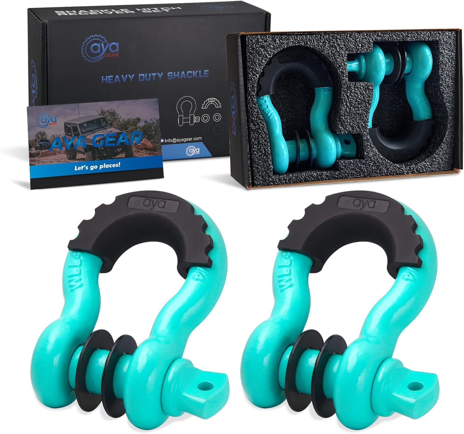 D Ring Shackle (2 Pack) 62,700 Ibs Break Strength with 7/8" Screw Pin and Shackle Isolator & Washers Kit for Tow Strap Winch, Off Road Vehicle Recovery Jeep Truck (Tiffany Blue-Black)