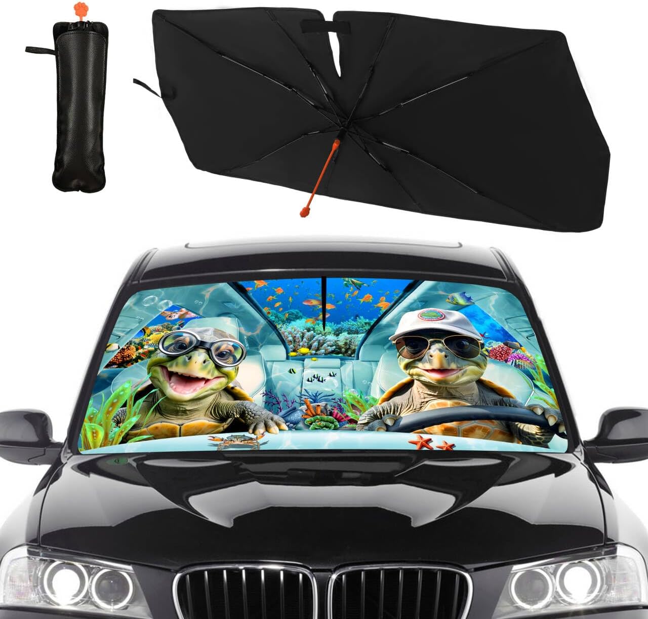 CHILL·TEK Print Turtle Windshield Sun Shade Funny Turtle Sun Shade for Car Front Window Block UV Rays Foldable Umbrella Windshield Sun Visor Protector Keep Vehicle Cool for Most Vehicles