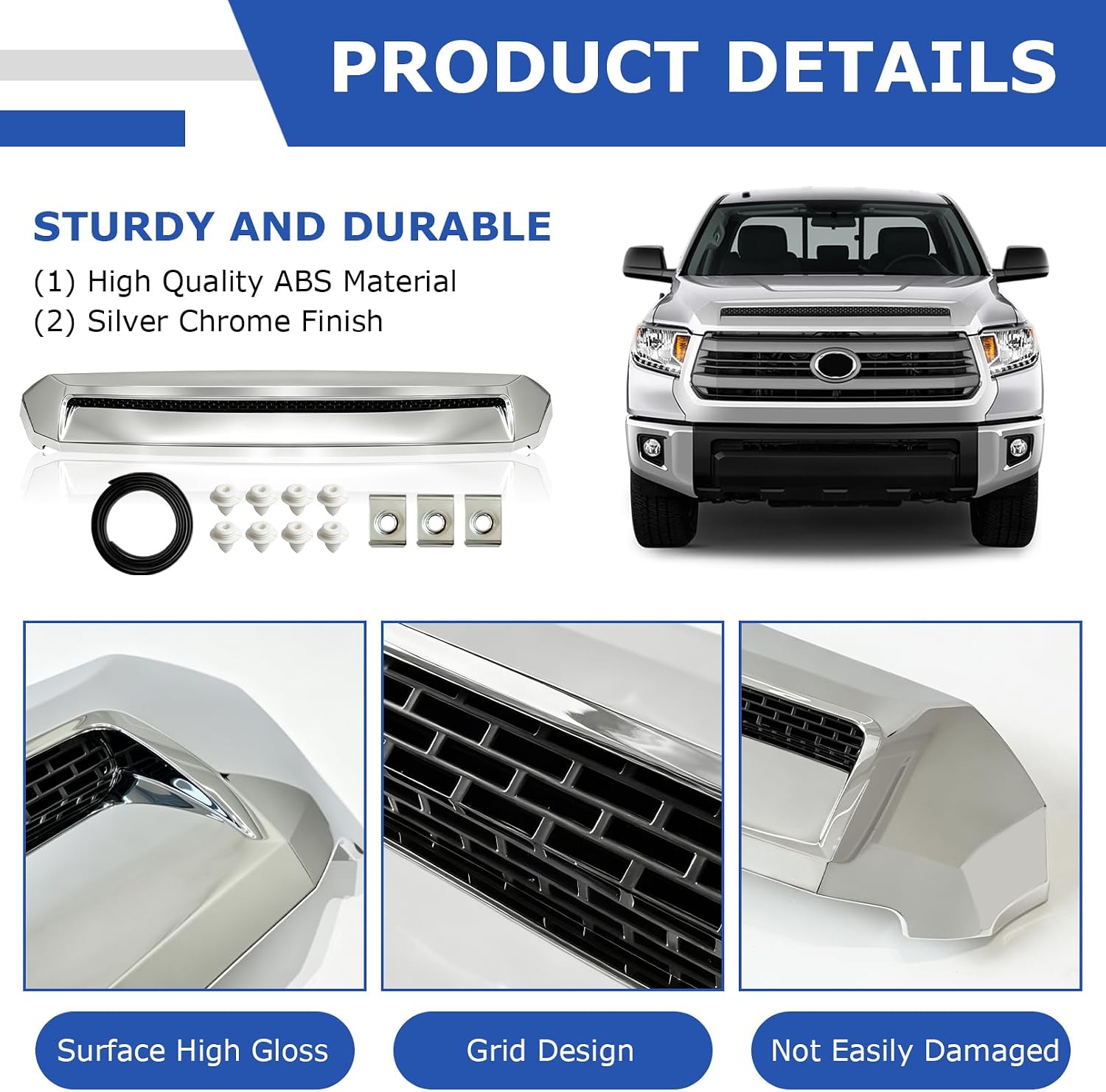 Front Upper Hood Bulge Molding Grille Trim Compatible with 2014-2021 Toyota Tundra Hood Scoop Molding Grill Trim Replacement for 76180-0C030 (Chrome)