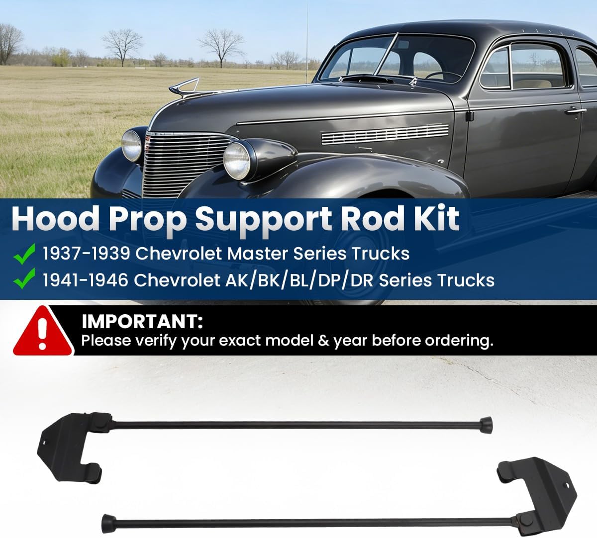 MOTOQUEEN Hood Support Rod Kit for 1937-1946 Chevy GMC Truck, Steel Folding Hood Prop Rod, Powder Coated Black, Easy Install