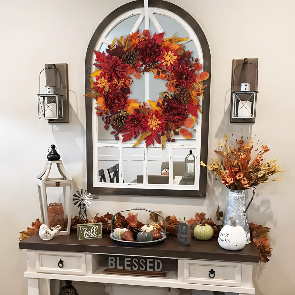 24" Artificial Fall Floral Wreath for Front Door Autumn Wreath with Peon...